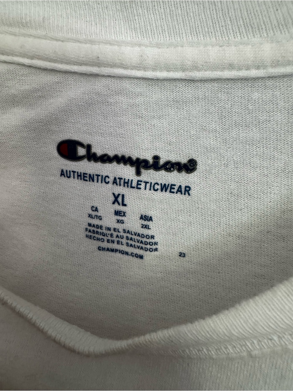 Champion White Tee with Navy Logo and Red Accent